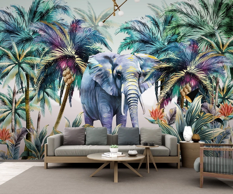 3D Elephant Flowers Coconut Tree Plants Forest Wall Mural Wallpaper Sf198