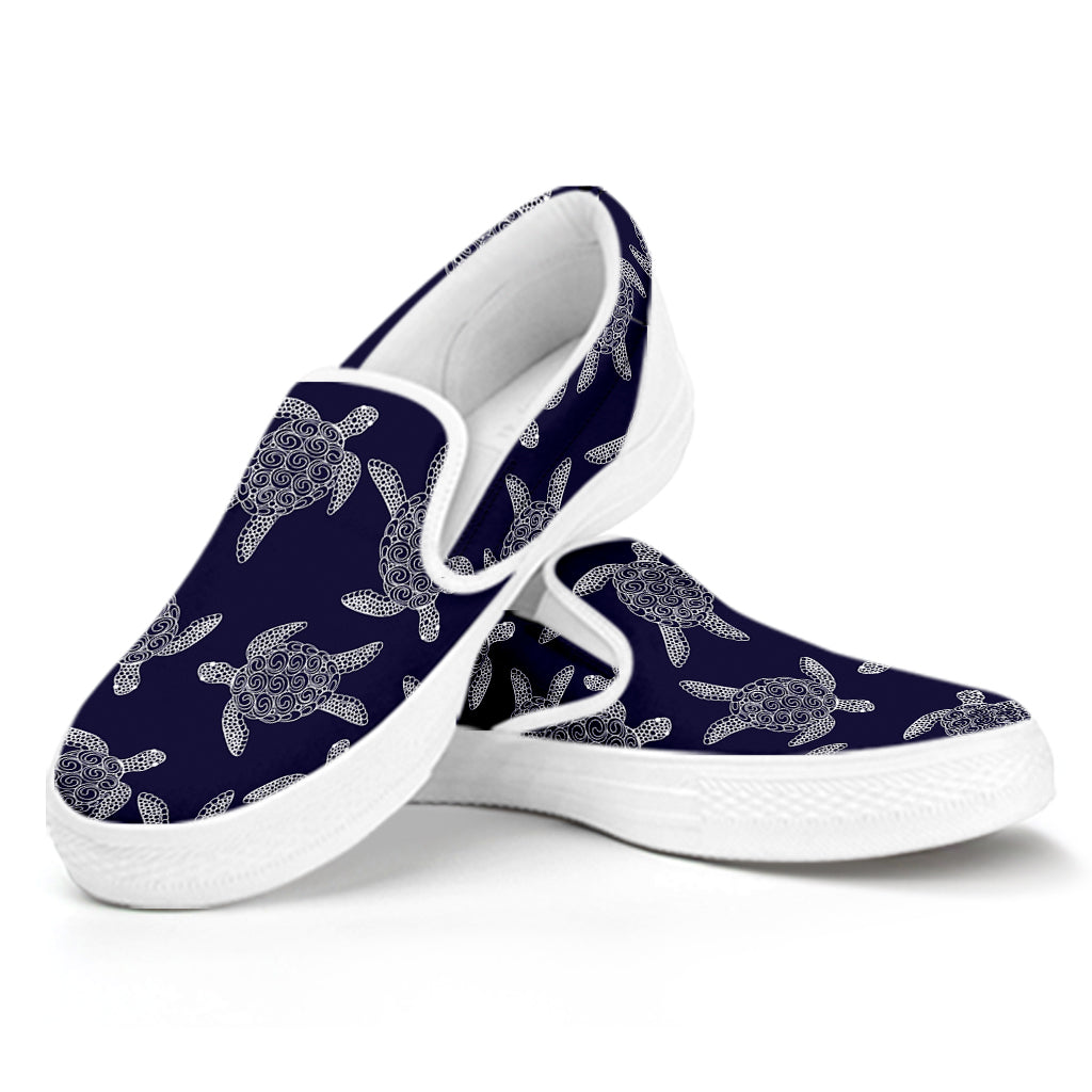 White And Blue Turtle Pattern Print White Slip On Shoes