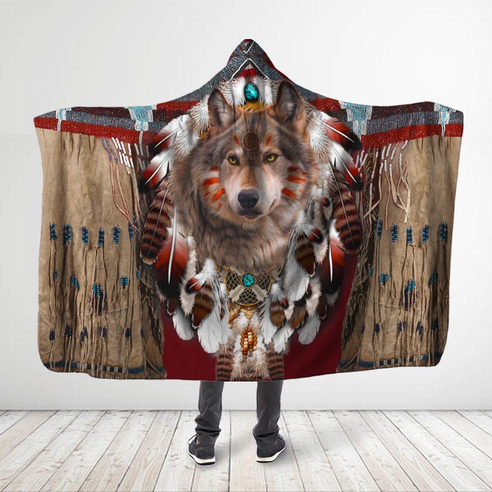 ViticStore™ Aborigine Style 3D All Over Printed Native American Red Wolf King – Hooded Blanket