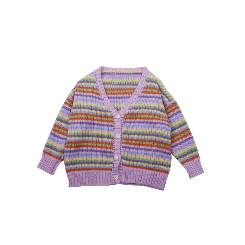 Autumn Winter fashion girls rainbow striped cardigans 2-8 years kids knitted loose single-breasted sweater Coats alx