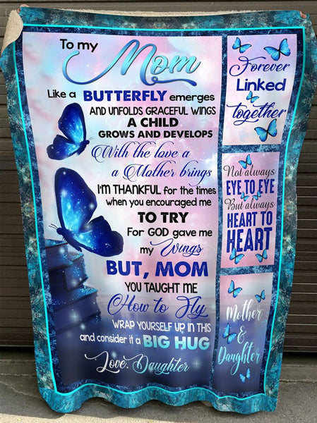 To My Mom Blue Butterfly Not Always Eye To Eye But Always Heart To Heart Gift From Daughter Fleece Blanket Home Decor Bedding Couch Sofa Soft And Comfy Cozy