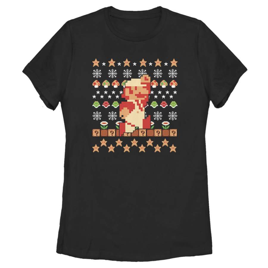 Nintendo Women’s Ugly Christmas Super Mario Pixel  T Shirt