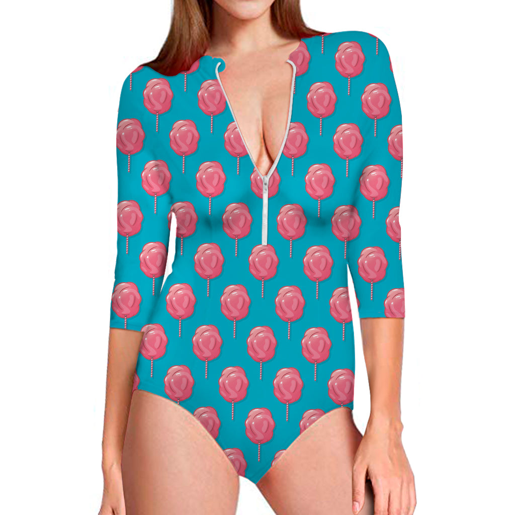 Pink And Blue Cotton Candy Pattern Print Long Sleeve One Piece Swimsuit