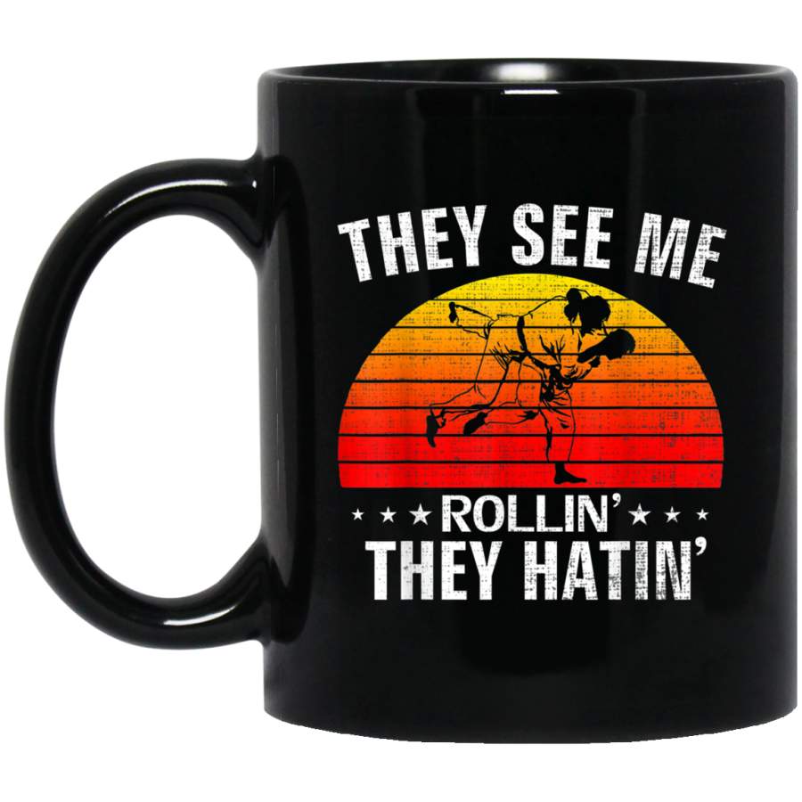 Retro Vintage They See Me Rollin Funny Brazilian Jiu-Jitsu Black Mug