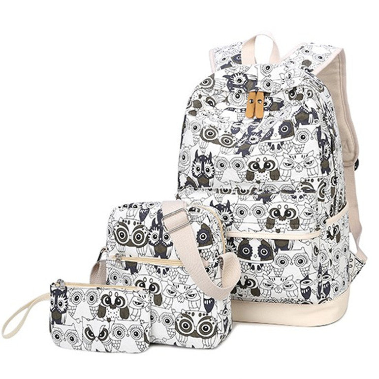 Set Backpack Women Animal Owl Printing Backpack Canvas Bookbags School Backpacks Bags For Teenage