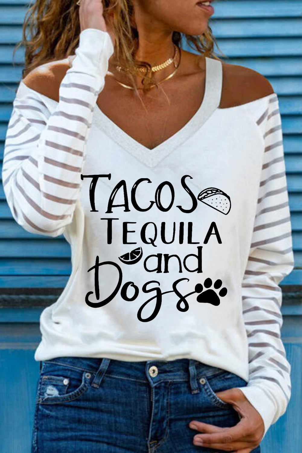 Tacos Dog Pattern Mesh Striped Cut-Out Cold Shoulder Long Sleeve T-Shirt