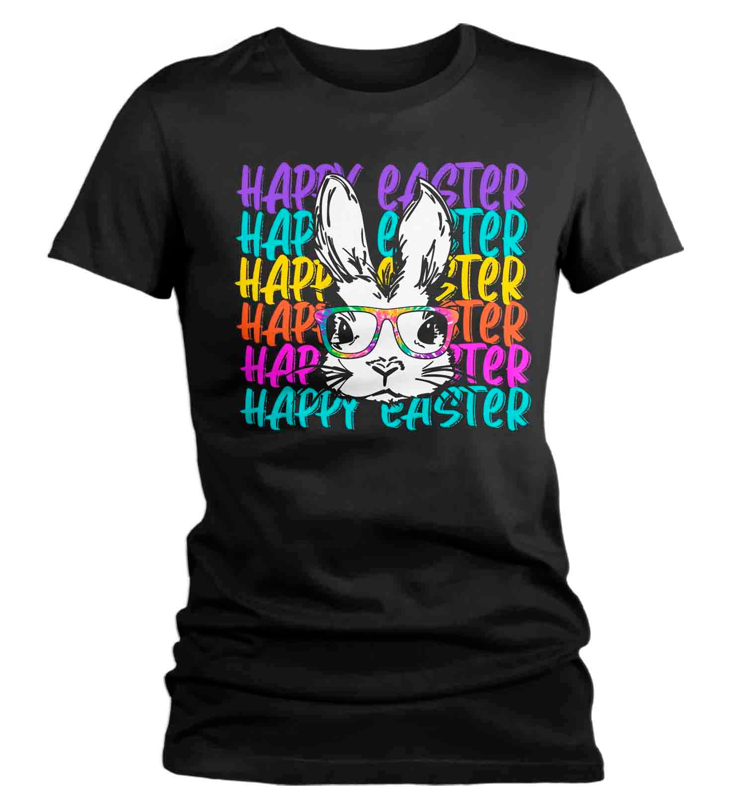 Women’S Easter Shirt Happy Easter Bunny T Shirt Hipster Rabbit Glasses Cute Easter Tee Graphic Gift Idea Ladies V-Neck