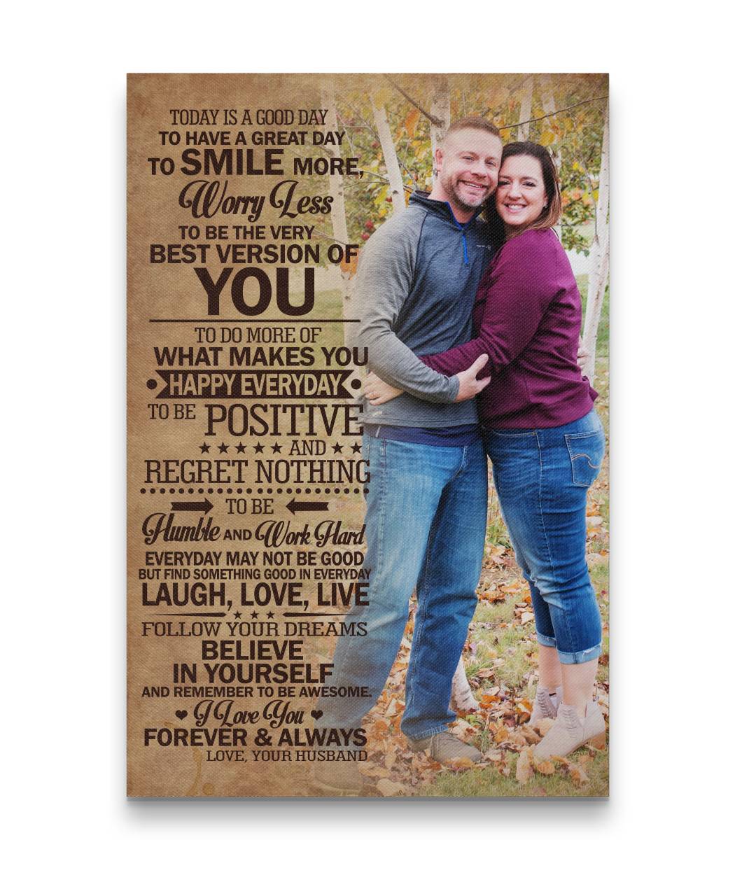 Worry Less – Smile More – Today Is A Good Day Hugging Couple Canvas Print