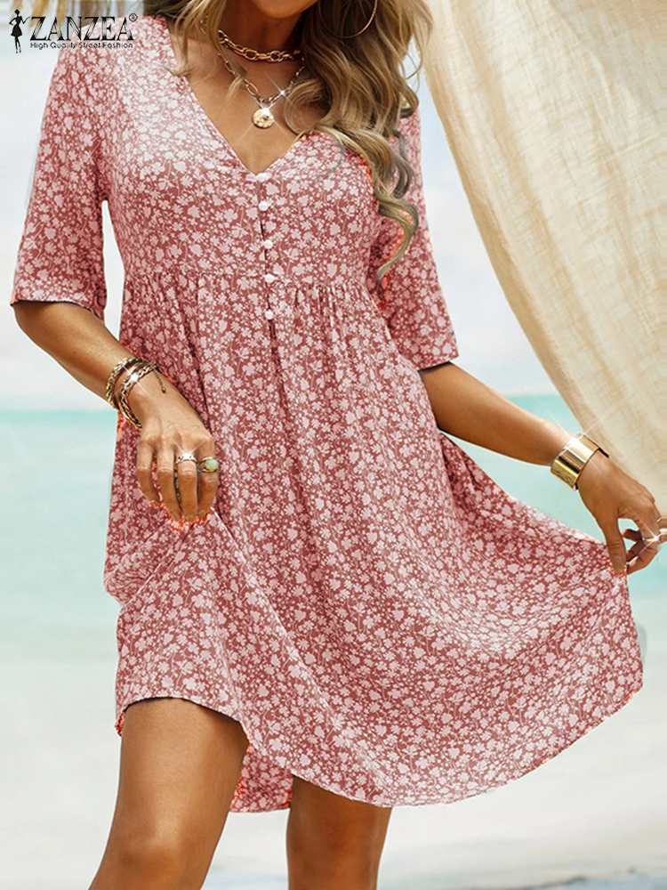 ZANZEA Femme Floral Print Bohemian Dress Summer Half Sleeve V-Neck Sundress Casual Holiday Elegant Loose Beach Party Robe 2022 alx