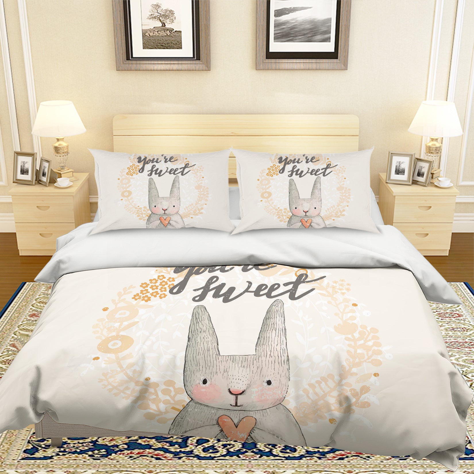 3D Cartoon Rabbit Flower Quilt Cover Set Bedding Set Pillowcases 40