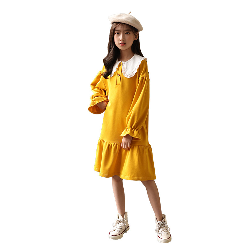 Teenager Girls Autumn Dress Princess Fashion Long Sleeve Dresses Children Cute Party Casual Yellow Pink Cotton Women Clothing alx