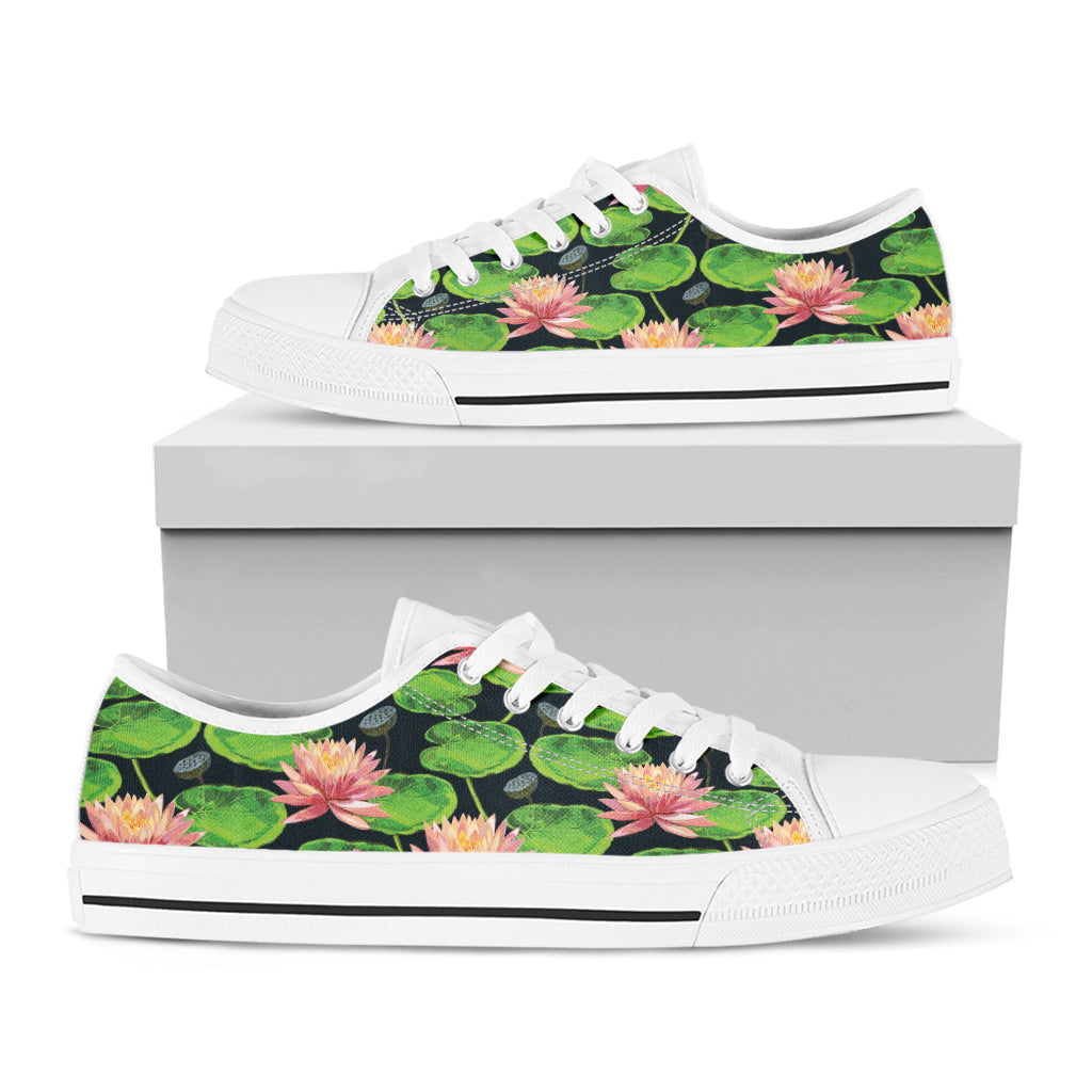 Water Lily Flower Pattern Print White Low Top Shoes