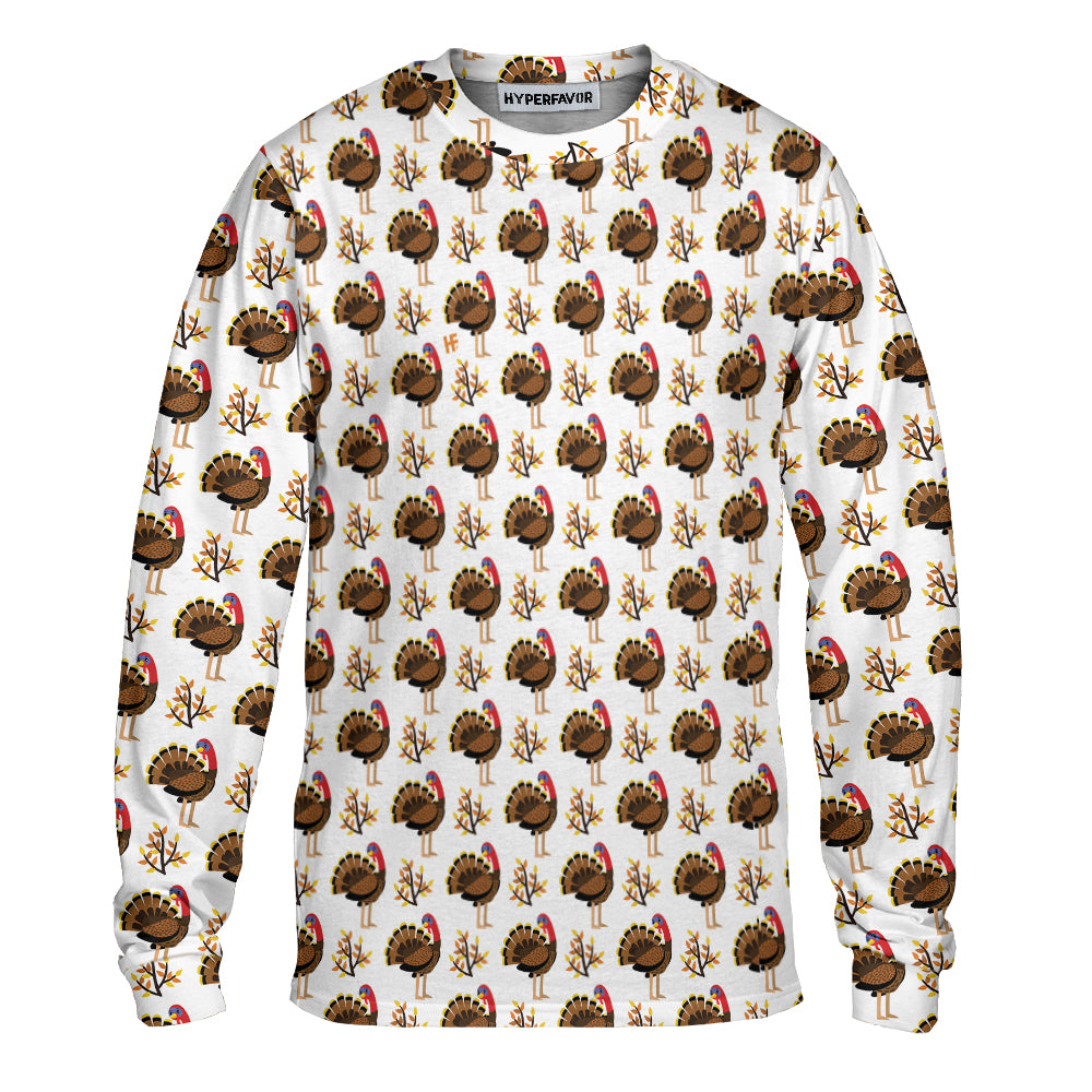 Autumn Cute Turkey Birds All Over Print Long Sleeve T-Shirt, Thanksgiving Long Sleeve Shirt For Men And Women