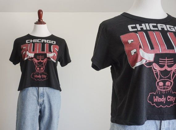 Vintage 1990 S Chicago Bulls Logo Cropped Cropped Short Sleeve Shirt Ladies Shirt Arge Shirt 90S Fashion Shirt