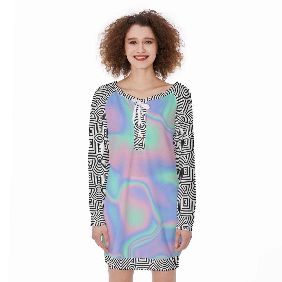 Abstract Cotton Candy Cloud Holographic Iridescent Geometric Women’S Lace-Up Sweatshirt