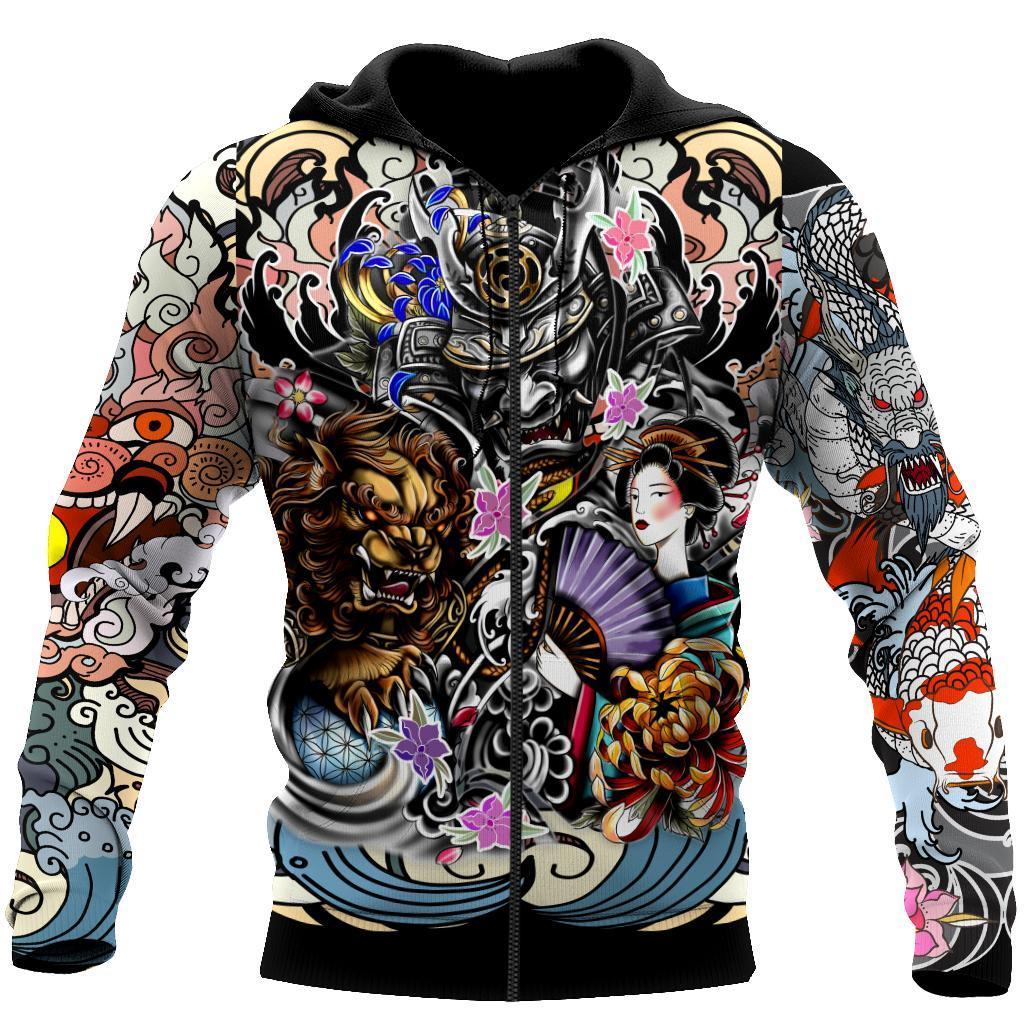 Samurai Geisha And Lion Tattoo 3D Over Printed Hoodie For Men And Women-Ml