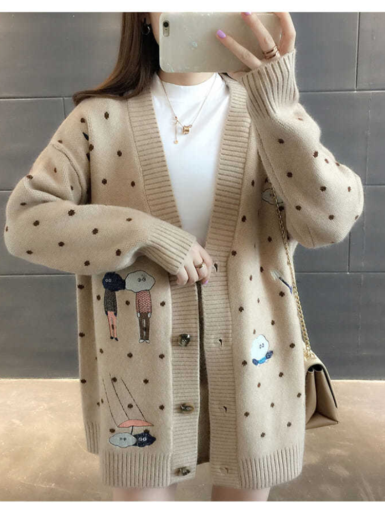 Autumn Women’s Blouse, Beige V-neck Single-breasted Long-sleeved Knitted Cardigan, Japanese Loose Mid-length Sweater Coat alx