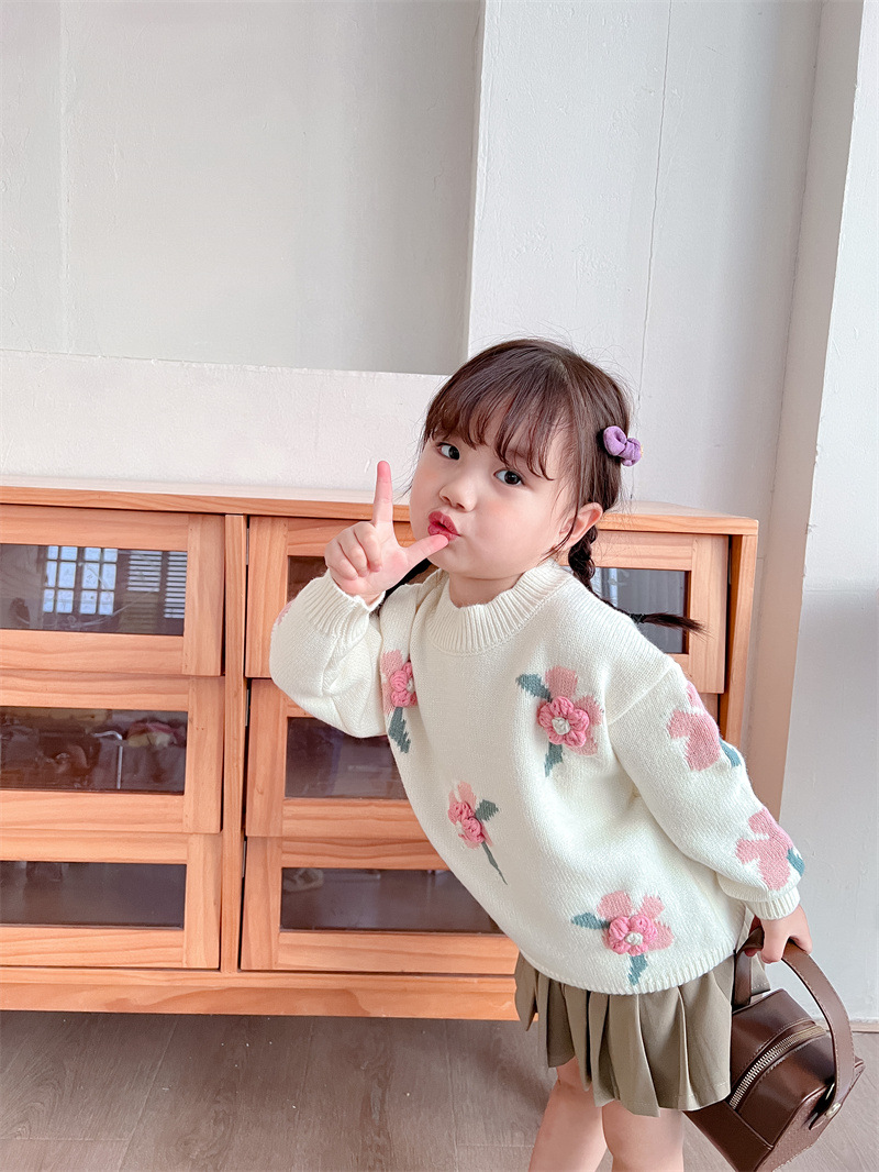 2-7T Floral Embroidered Sweater Cardigan Autumn Girls Clothes Baby Sweater Kids Knitwear Long Sleeve Cotton Baby Pullover Tops alx