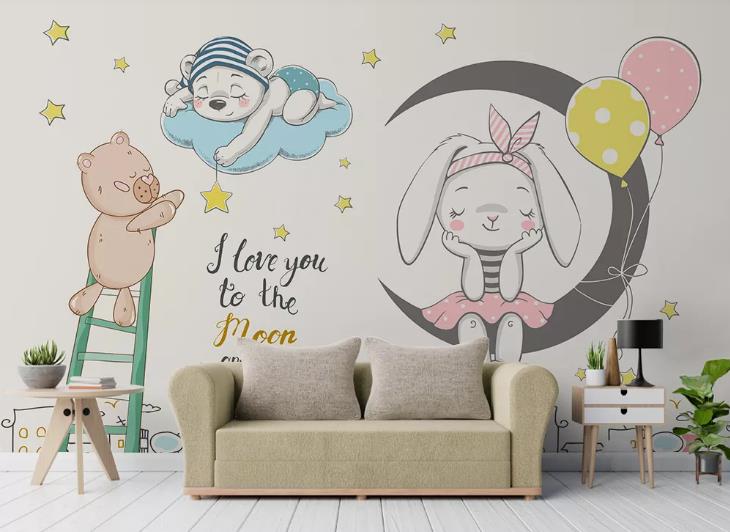 3D Hand Drawn Animal Bunny Bear Moon Wall Mural Wallpaper Lqh 522