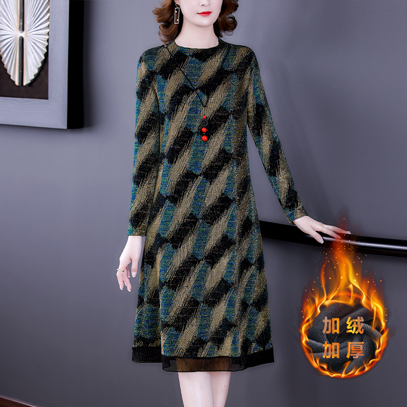 Women Knitted Striped Midi Dresses Autumn Winter Plus Velvet Thick Warm Dress 2022 Korean Vintage Elegant Loose Waist Vestidos alx