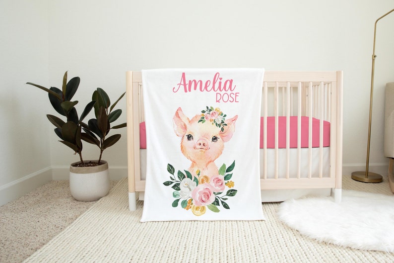 Pig Blanket, Floral Piglet Crib Bedding, Personalized Baby Blanket, Farm Animal Nursery Theme, Newborn Coming Home Blanket C4