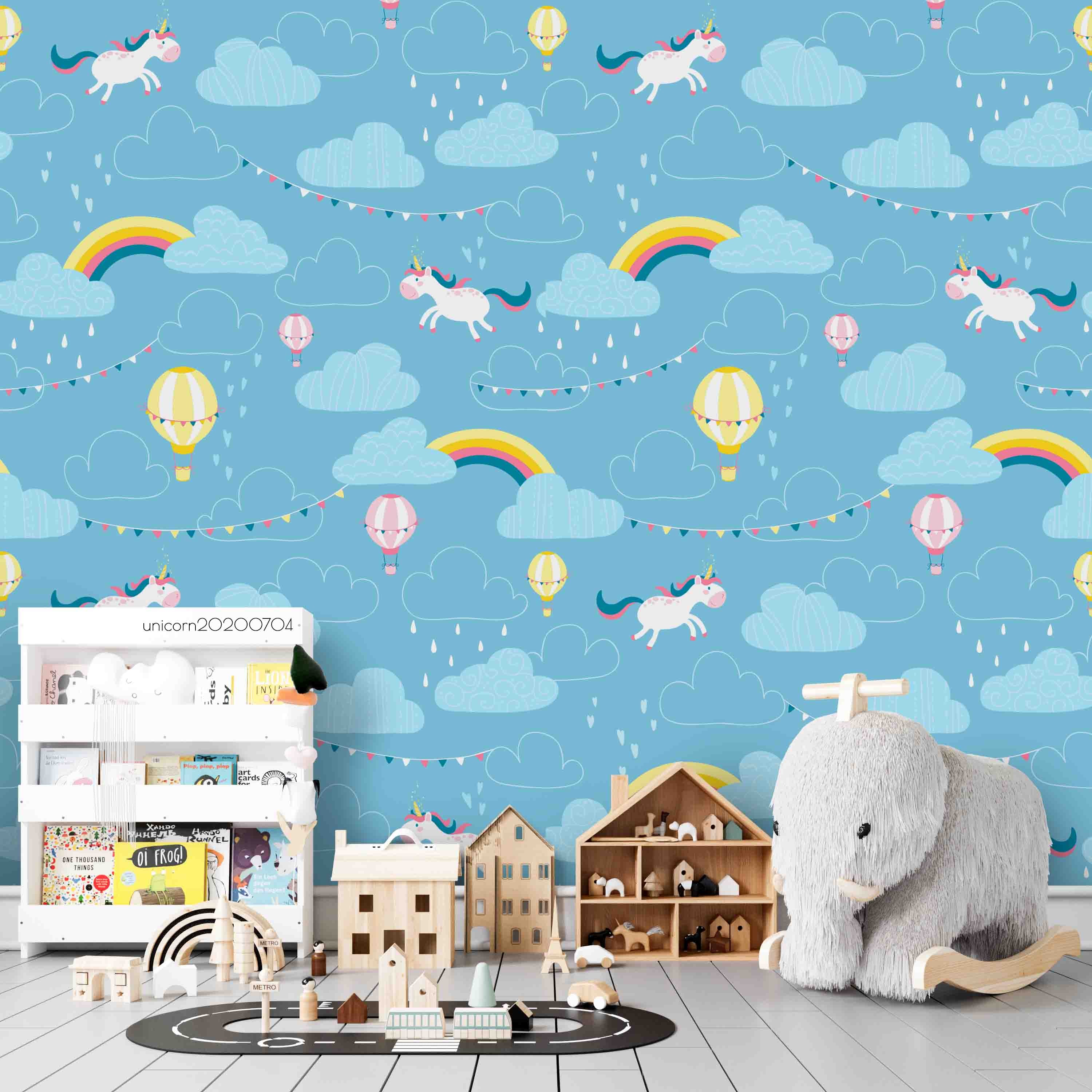 3D Cartoon Rainbow Parachute Unicorn Blue Wall Mural Wallpaper Lxl 254