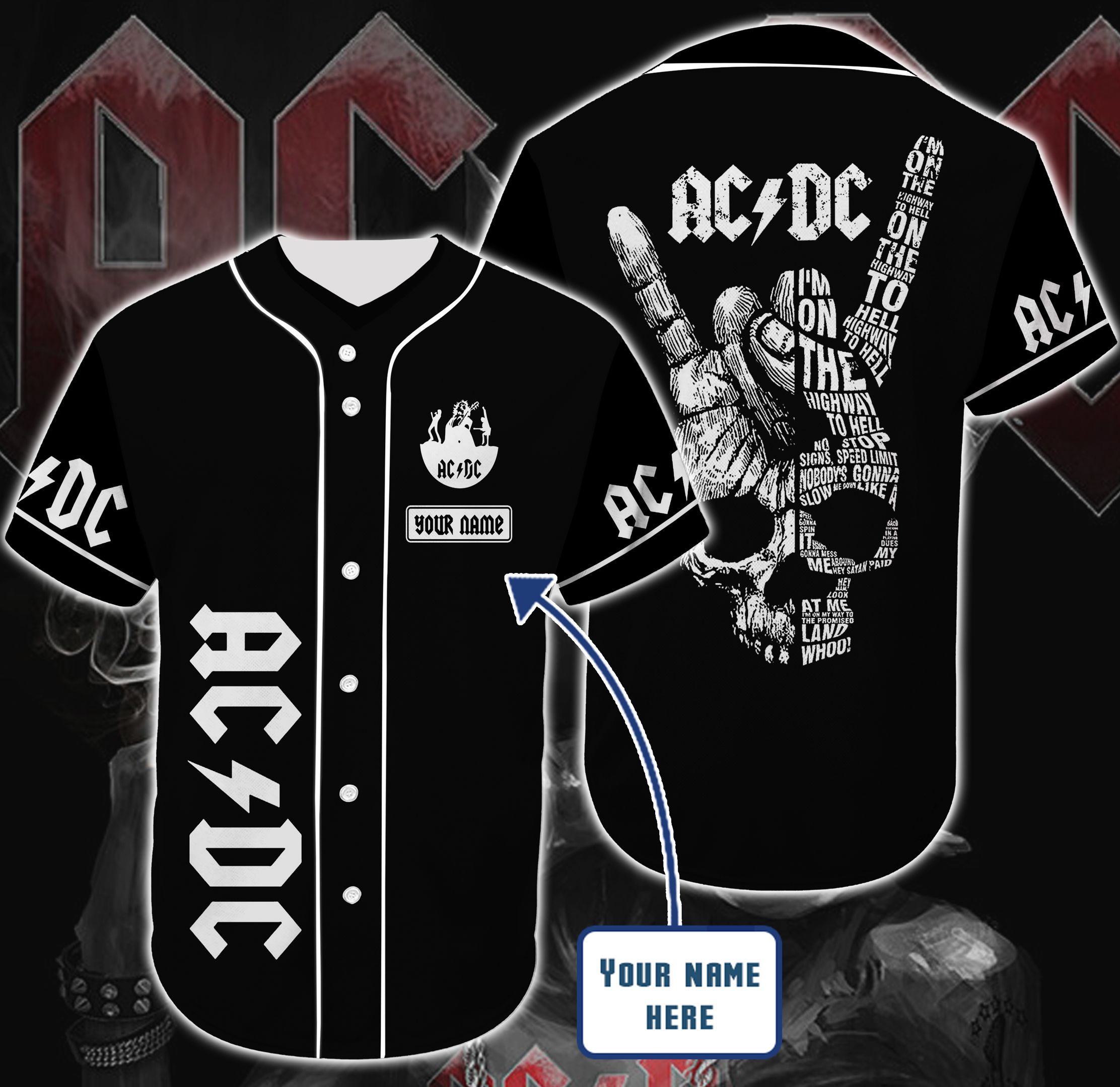 Ac Dc Black And White Personalized Custom Name Baseball Tee Jersey Shirt Unisex Men Women