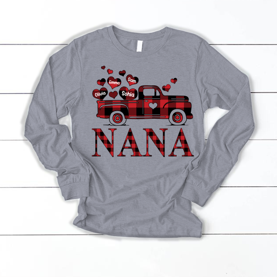 Valentine’S Day Shirt, Nana Truck Red Buffalo Plaid Heart Custom Names Longsleeve