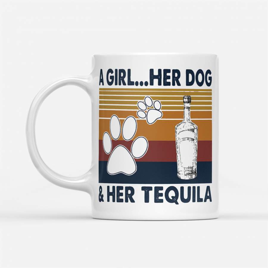 A Girl Her Dog And Her Tequila Footprint Vintage Retro – White Mug