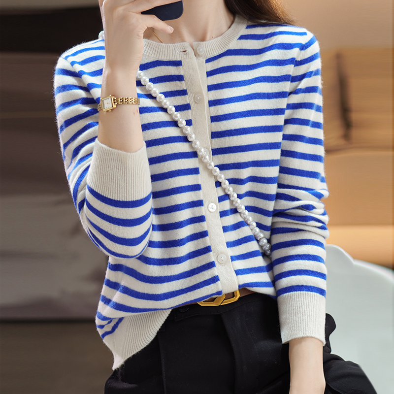 Autumn Winter 100% Wool Women Round Neck Long Sleeve Striped Cardigan Loose Fashion Inside With Comfortable Warm Sweater Coat alx