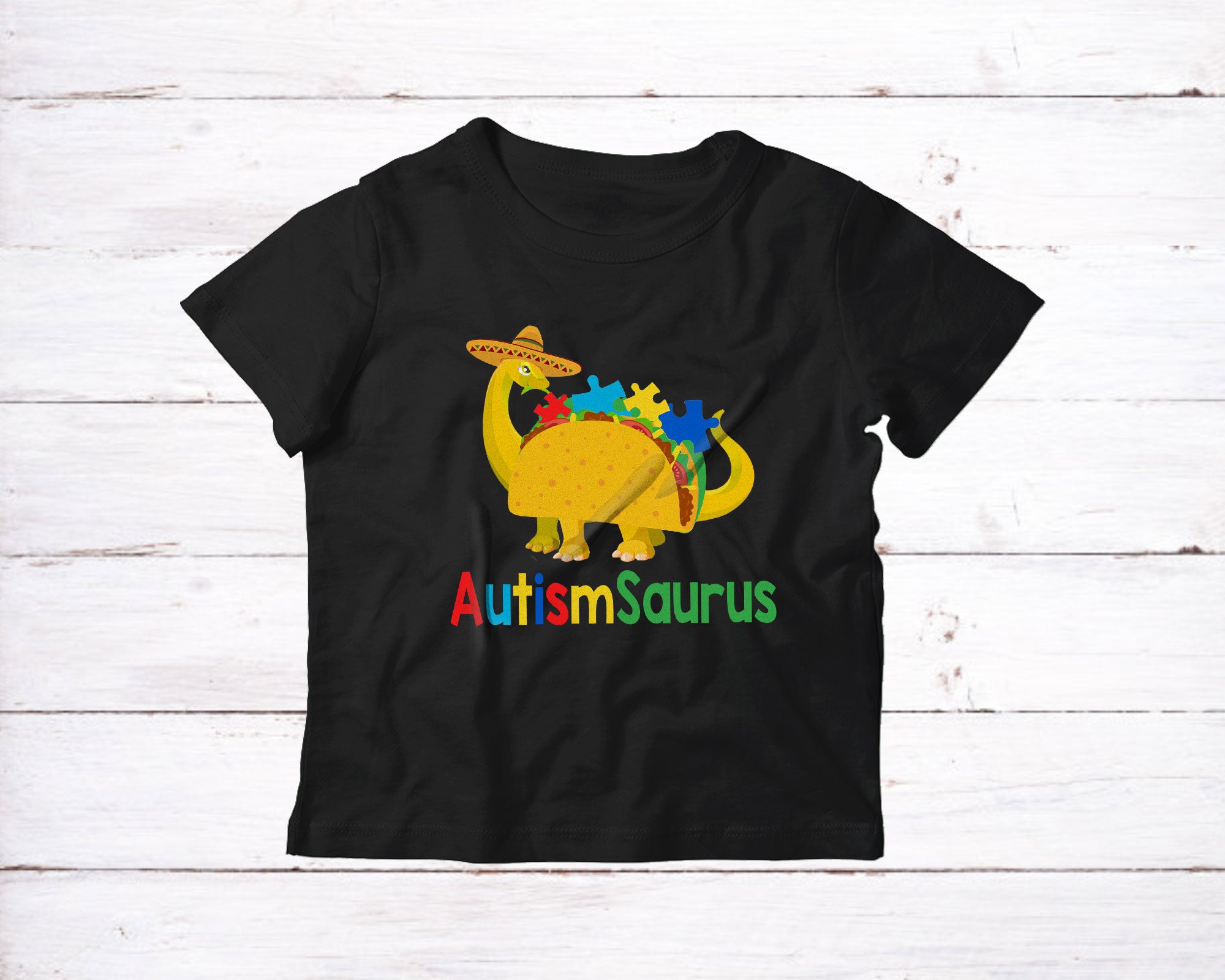 Autismsaurus Funny Cute Autism Awareness Kids Puzzle Taco T-Rex Mexican Proud Lover T-Shirt