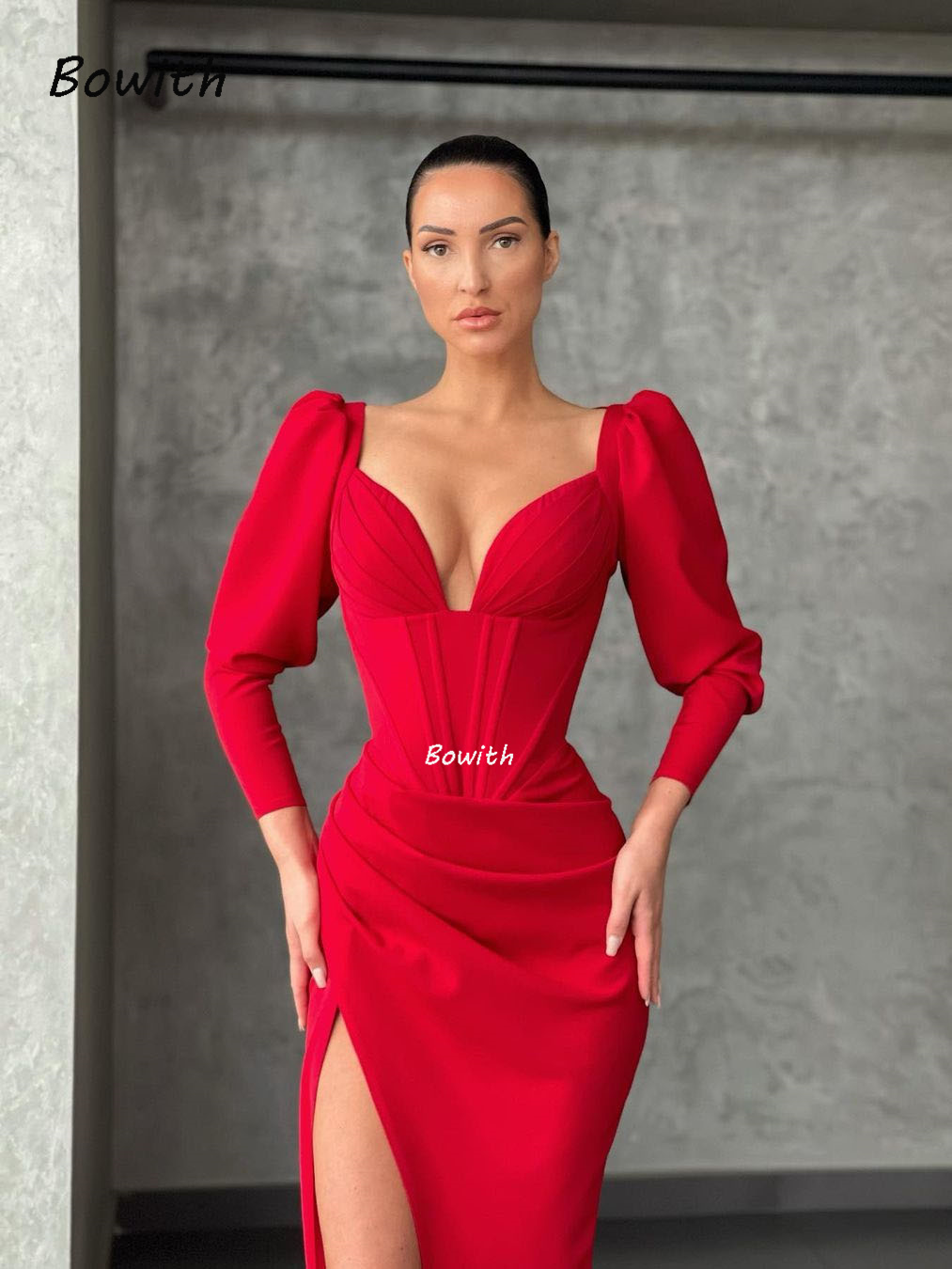 Bowith Sexy Celebity Dress Sexy Long Party Dress Elegant Satin Prom Dresses with Corset Christmas robe de soiree Long Sleeve alx