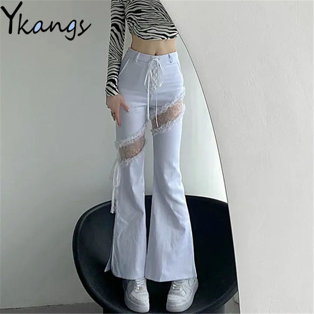 Y2k Lace Stitching Hollow Out Side Slit Bandage High Waist Flared Jeans Slim Gothic Punk Streetwear Denim Pants Harajuku Trouser alx