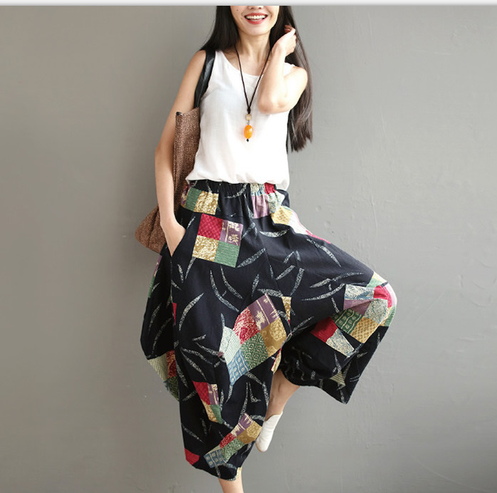 Wide Leg Harem Pants Trousers 2021 Chinese Style Streetwear Women Ethnic Vintage Elastic Waist Loose Long Cotton Linen Pants alx