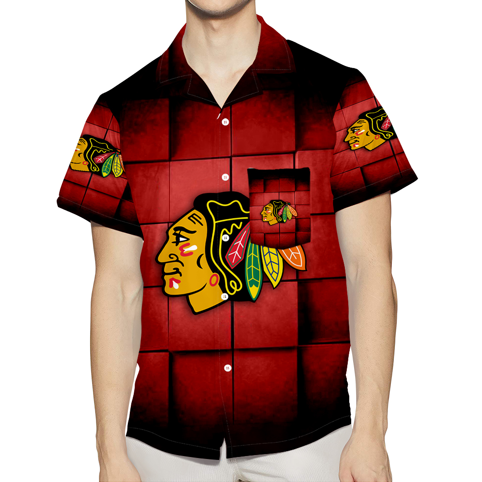 Chicago Blackhawks Emblem Texture Square 3D All Over Print Summer Beach Hawaiian Shirt With Pocket