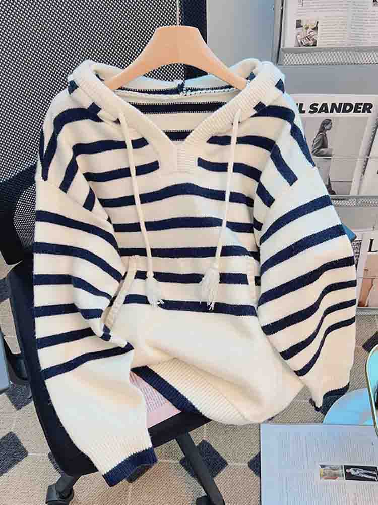 Women Sweater 2022 Fashion Stripe Loose Hooded Knitting Sweaters Vintage Long Sleeve Female Pullover Tops alx