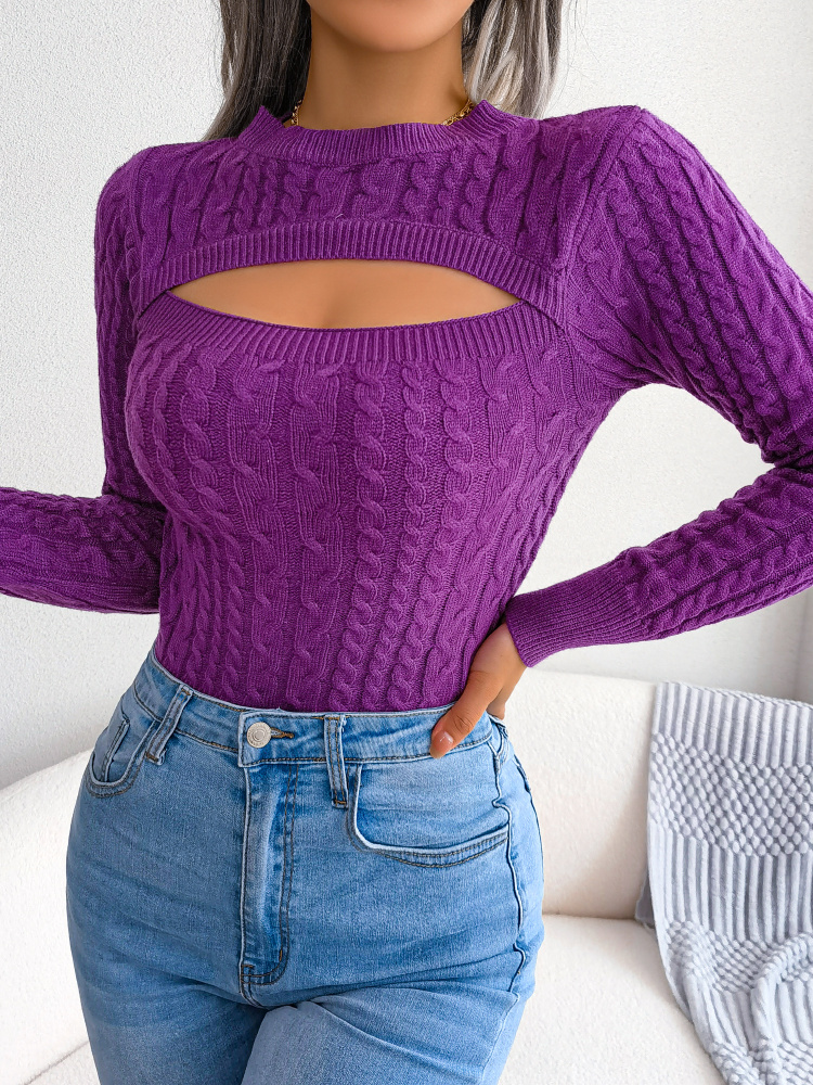 CHRONSTYLE Elegant Women Front Cutout Hollow Out Knitted Pullovers Tops Fashion Long Sleeve Ruched Round Neck Slim Fit Sweaters alx