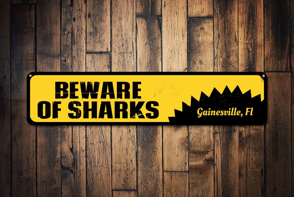 Beware Of Sharks Sign, Personalized Beach Location Sign, Custom Shark Lover Sign, Metal Beach House Decor – Quality Aluminum Shark Decor