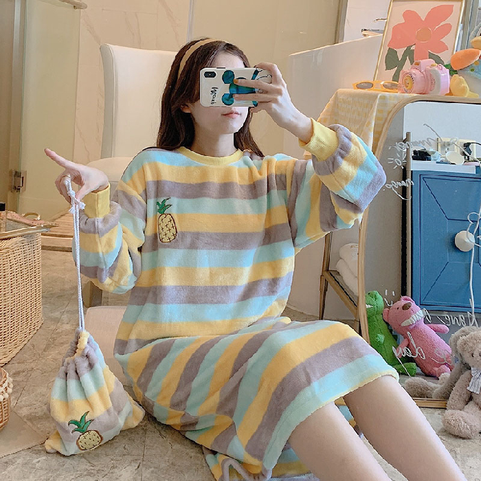 Young Girl Warm Flannel Nightdress Long Sleeve Autumn Winter Nightgowns & Sleepshirts Women Sleepwear Shirt Home Wear Clohtes alx