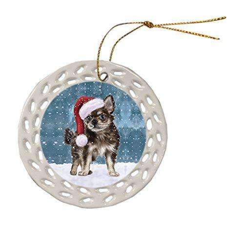 Let It Snow Christmas Holiday Chihuahua Puppy Dog Wearing Santa Hat Ceramic Doily Ornament D071