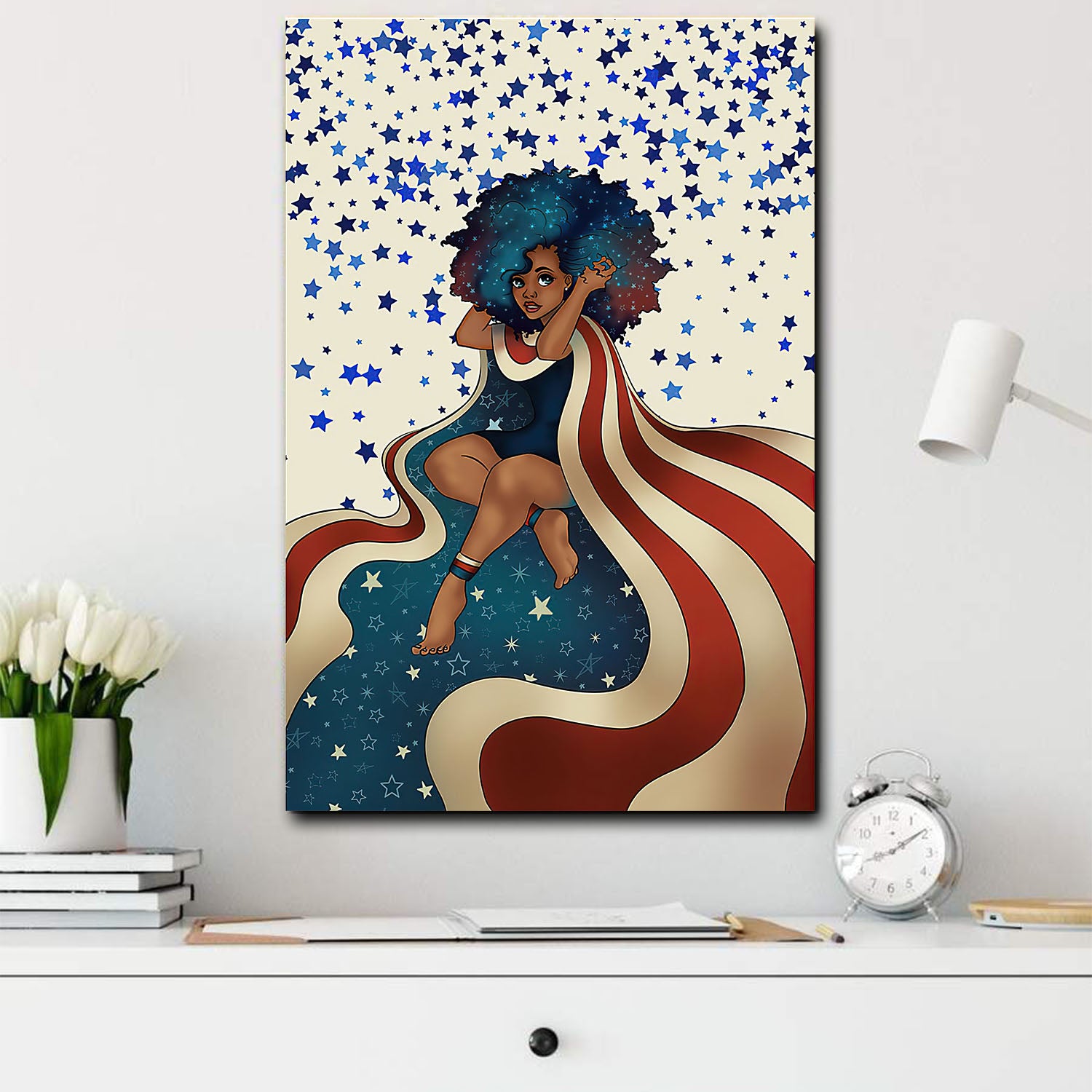 African American Art Posters Black Girl And American Flag Afro Wall Art