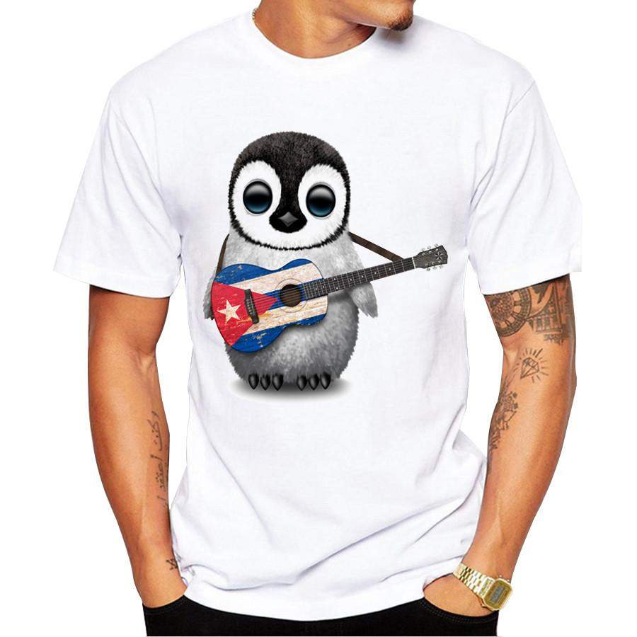 Baby Penguin Playing Cuban Flag Guitar Men’s Short Sleeve Casual White T-Shirt