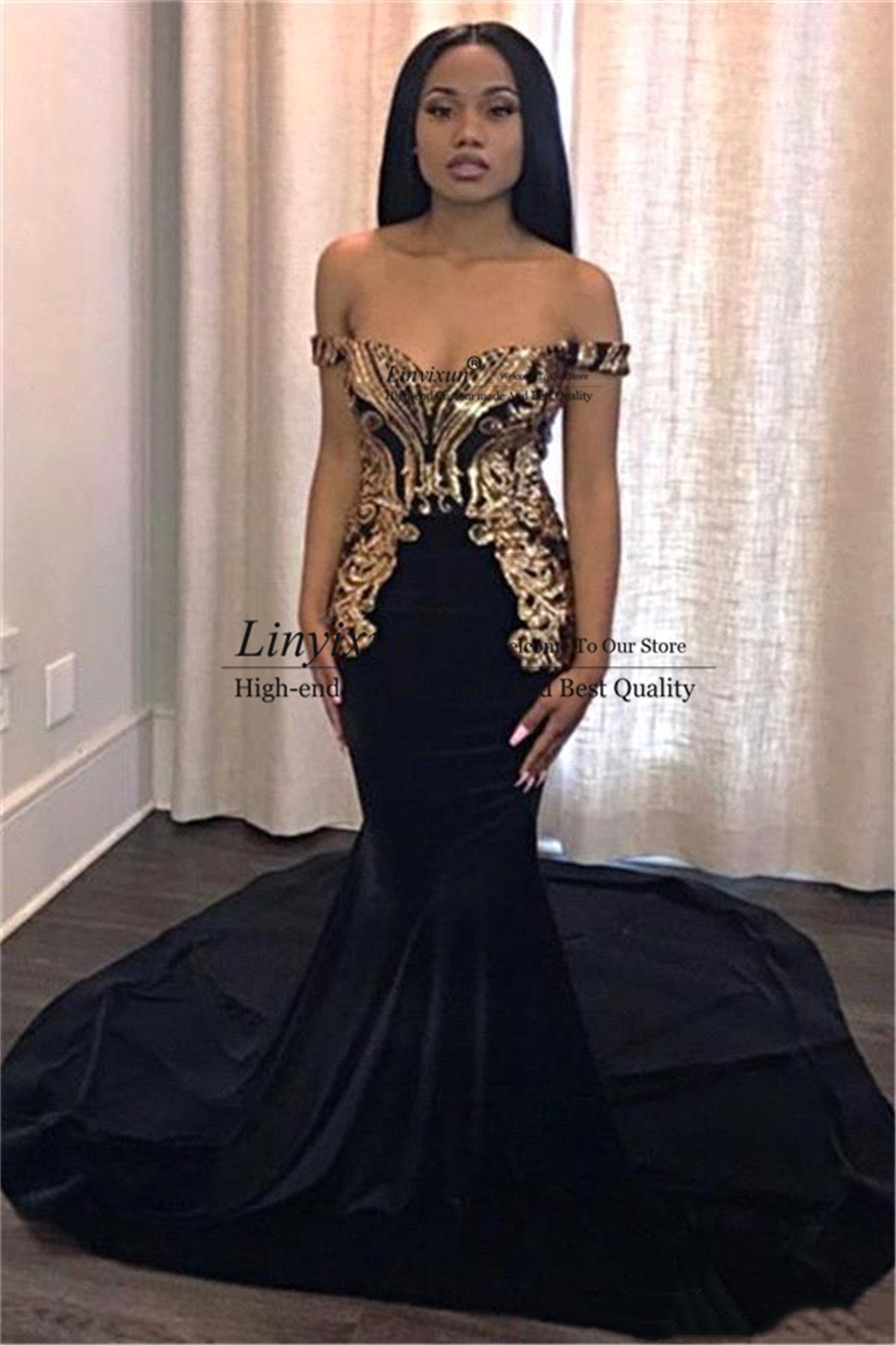 Black Mermaid Prom Dresses With Gold Appliques Elegant Off Shoulder Long African Formal Evening Party Gowns Stain Robe De Soiree alx