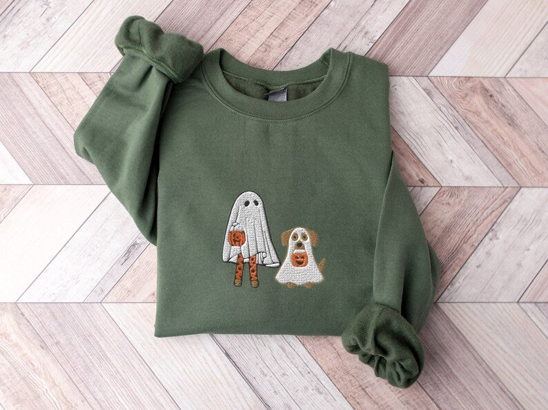 Cute Ghost Dog Halloween Embroidered Sweatshirt