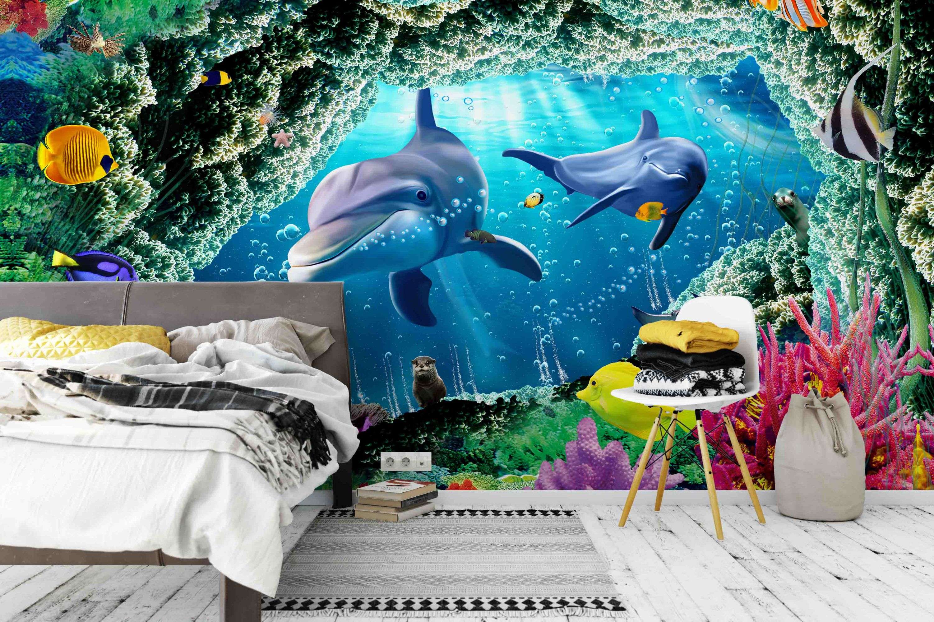 3D Colorful Underwater World Dolphin Coral Fish Turtle Wall Mural Wallpaper Gd 1772