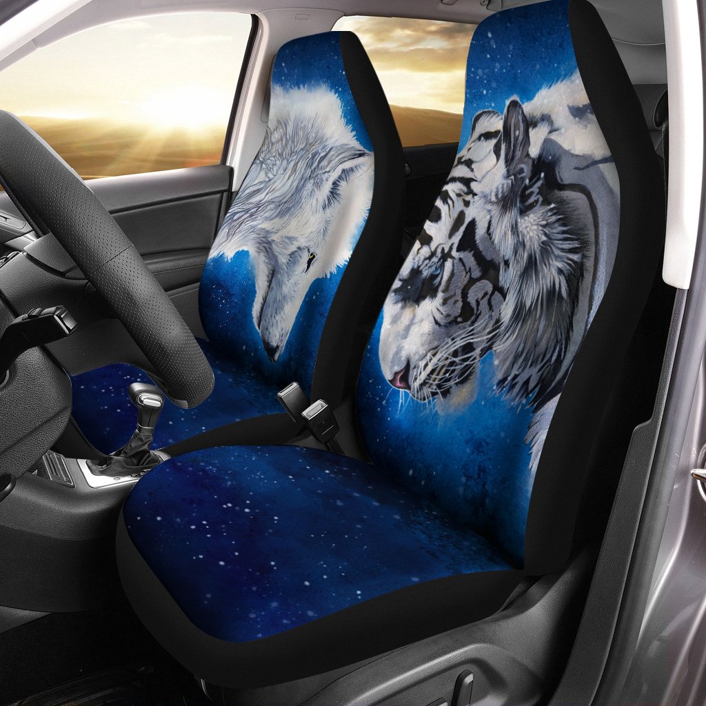 White Wolf And Tiger Car Seat Covers Custom Car Accessories Gifts Idea