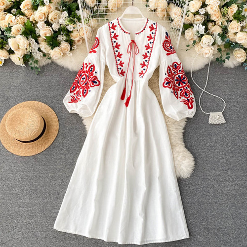 Women Autumn Dresses Bohemian Embroidered Flower O-Neck Lantern Sleeve High Waist Pleated Dress All-match Female Vestidos alx