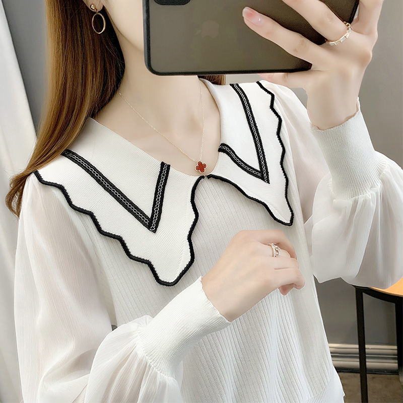 2022 Women Pullovers Sweet Peter Pan Collar Loose Knit Thin Sweater Tops Patchwork Chiffon Jumper Korean Fashion Pull Femme alx