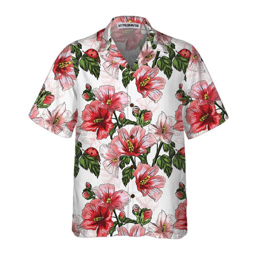 Hibiscus With Ladybug Seamless Pattern Hawaii Short Sleeve Red Shirt Ha38340