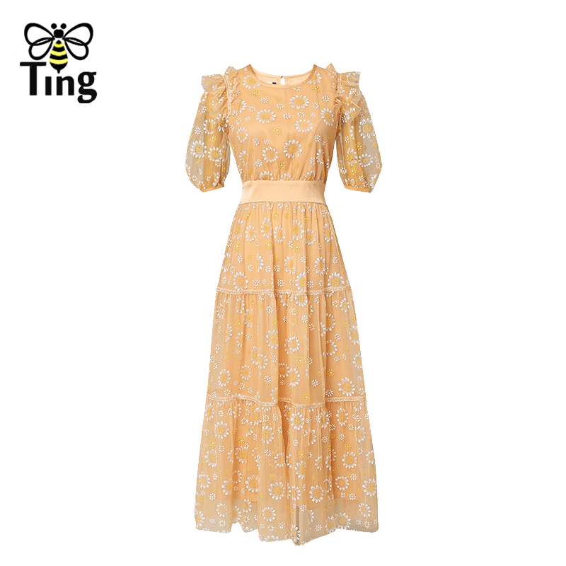 Tingfly Designer Runway Fashion Daisy Flower Print Ruched Elegant Party Dresses Gowns Women Long A Line Dress Retro Robes Eam alx